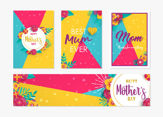 Fototapeta na wymiar Mothers day card label set with paper flowers