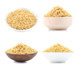 Indian Namkeen Food Collection Aloo Sev also know as namkin and nimco a popular crisp savory snack made from mashed potatoes, chickpea flour and spices. isolated on white background
