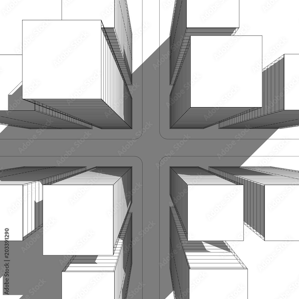 Poster 3d illustration. top view of the non-existent modern intersection with skyscrapers. line black and w