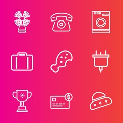 Premium set with outline vector icons. Such as beacon, space, card, appliance, communication, seamark, laundry, light, machine, technology, victory, snack, travel, phone, smartphone, marine, home, cup