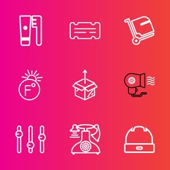 Premium set with outline vector icons. Such as head, package, hat, coupon, equality, white, temperature, paper, box, event, movie, call, female, brush, telephone, cardboard, fahrenheit, new, electric