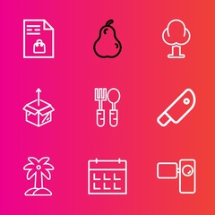 Premium set with outline vector icons. Such as kitchen, note, landscape, calendar, environment, dinner, shopping, knife, juicy, movie, tripod, spoon, white, schedule, unpacking, paper, day, cut, leaf