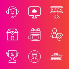 Premium set with outline vector icons. Such as customer, award, online, violin, cloud, architecture, computer, yacht, first, technology, water, sound, modern, support, sea, musical, business, people