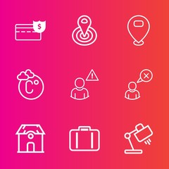 Premium set with outline vector icons. Such as home, globe, sign, temperature, concept, fahrenheit, money, cancel, banking, airport, thermometer, gps, center, location, cycle, baggage, interior, lamp
