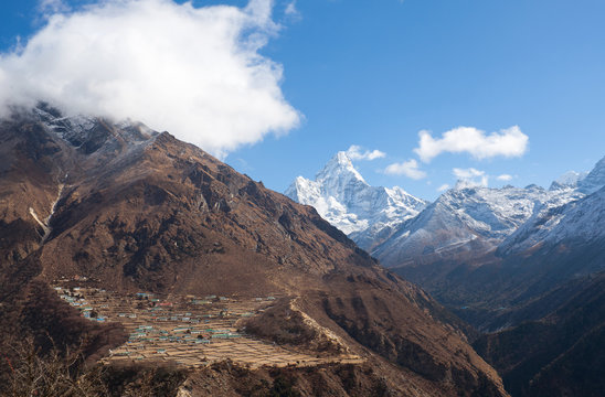 Phortse village and Ama Dablam view on the way to Everest base camp, Nepal Himalaya