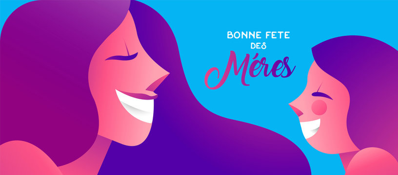 Happy mother day french banner of girl and mom