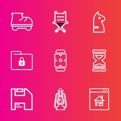 Premium set with outline vector icons. Such as roller, estate, sport, metal, watch, online, clock, fun, lifestyle, chessboard, computer, lock, diskette, armchair, strategy, house, kerosene, female