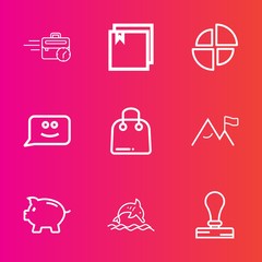 Premium set with outline vector icons. Such as pie, sitting, web, folder, dolphin, fashion, office, bank, document, smile, cartoon, work, finance, computer, coin, diagram, envelope, ocean, night, desk