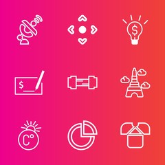 Premium set with outline vector icons. Such as temperature, check, arrow, presentation, sign, wireless, button, satellite, science, france, dish, paris, pen, global, gym, computer, tshirt, success