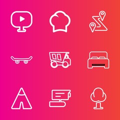 Premium set with outline vector icons. Such as uniform, chief, man, landscape, chef, video, board, view, location, furniture, play, bed, extreme, food, map, dump, environment, nature, tent, media, tv