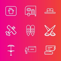 Premium set with outline vector icons. Such as table, background, view, house, light, transport, travel, cafe, camera, scene, web, building, video, business, cap, go, internet, truck, , bar, vehicle