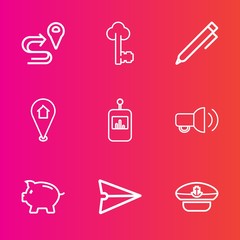 Premium set with outline vector icons. Such as map, communication, vintage, gps, lock, money, captain, bank, hat, navigation, television, pencil, hand, web, email, finance, pointer, control, megaphone