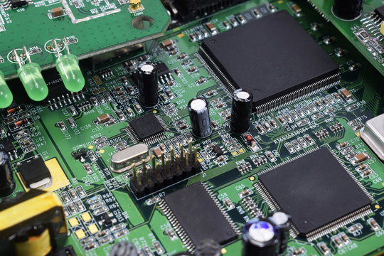 microchip from electronic devices in the repair shop, close-up