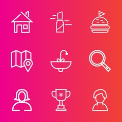 Premium set with outline vector icons. Such as estate, property, face, food, woman, lunch, search, sign, young, real, human, girl, bathroom, home, red, tomato, winner, victory, travel, fashion, beauty