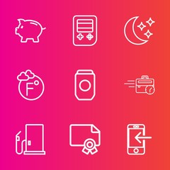 Premium set with outline vector icons. Such as sitting, economy, business, aluminum, arrow, temperature, achievement, scale, gasoline, mobile, night, web, finance, fahrenheit, container, oil, transfer