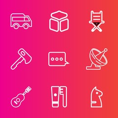 Premium set with outline vector icons. Such as left, technology, hammer, communication, tool, element, game, transportation, sign, furniture, move, hygiene, cube, construction, concert, satellite, car