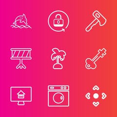 Premium set with outline vector icons. Such as leaf, door, axe, nature, screwdriver, house, washer, wild, blue, summer, online, safety, vintage, open, drum, water, property, real, security, instrument