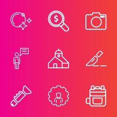 Premium set with outline vector icons. Such as leather, backpack, musical, concept, search, find, equipment, photography, moonlight, star, online, communication, trumpet, rucksack, modern, digital