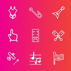 Premium set with outline vector icons. Such as plane, equipment, cold, white, fashion, aircraft, america, fish, travel, touch, music, airplane, canoe, nation, girl, flag, finger, summer, sexy, hook