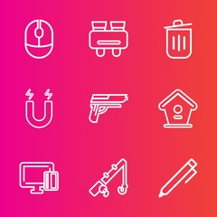 Premium set with outline vector icons. Such as recycling, search, weapon, mouse, gun, fishing, click, write, spy, input, magnetic, fish, bin, rod, field, sport, birdhouse, science, card, hand, pole