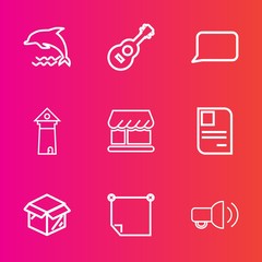 Premium set with outline vector icons. Such as white, landmark, communication, speech, stick, ocean, guitar, sound, talk, musical, cardboard, paper, tower, identity, blue, business, note, office, id
