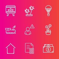 Premium set with outline vector icons. Such as transport, natural, diagram, travel, railway, exotic, coconut, sky, banking, leaf, business, banner, air, extreme, nature, financial, tree, home, summer