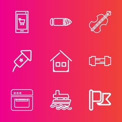 Premium set with outline vector icons. Such as celebration, app, music, gun, home, boat, online, national, phone, violoncello, fitness, estate, background, military, workout, festival, oven, building