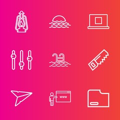 Fototapeta premium Premium set with outline vector icons. Such as landscape, web, kerosene, lantern, water, old, saw, vintage, internet, email, sunset, sun, sign, swimming, graphic, morning, document, oil, file, nature