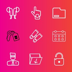 Premium set with outline vector icons. Such as paper, trash, finger, earphone, document, protection, rubbish, audio, waste, box, hand, schedule, point, door, user, calendar, headset, garbage, web, day