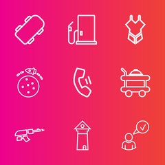 Premium set with outline vector icons. Such as space, summer, food, army, petrol, skate, weapon, skateboarding, profile, hotel, online, skateboard, skateboarder, machine, bed, extreme, style, military