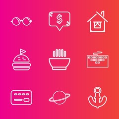 Premium set with outline vector icons. Such as eyesight, bread, optical, building, sea, lens, bank, square, nautical, sandwich, price, planet, astronomy, estate, ship, house, sight, space, credit, eye