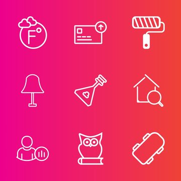 Premium set with outline vector icons. Such as internet, weather, extreme, coin, estate, brush, instrument, search, folk, skate, string, celsius, animal, profile, social, business, finance, roller