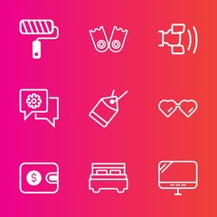 Premium set with outline vector icons. Such as internet, tool, chat, pc, equipment, paint, flipper, paper, work, roller, bedroom, sea, bed, technology, label, purse, glasses, laptop, double, home, sun