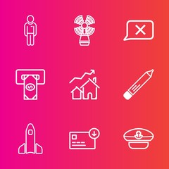 Premium set with outline vector icons. Such as fashion, captain, bag, beacon, office, shuttle, machine, bank, light, cash, money, casual, chat, home, boy, house, launch, seamark, people, travel, pen