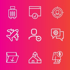 Premium set with outline vector icons. Such as bag, garbage, group, delete, suitcase, concept, page, market, luggage, travel, targeting, marketing, transportation, internet, communication, target, web