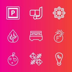 Premium set with outline vector icons. Such as car, phone, transportation, double, fahrenheit, landscape, sport, sea, moon, transport, zone, environment, planet, communication, tree, water, sign, bed