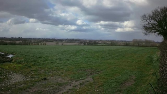 Rural landscape with green grass meadow, Tarvin, Cheshire, England, UK. Overcast sky with mountains and hills in background.