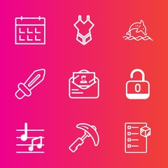 Premium set with outline vector icons. Such as fashion, event, crane, nature, medieval, equipment, beach, delivery, open, summer, music, bikini, cargo, box, note, protection, calendar, animal, mail