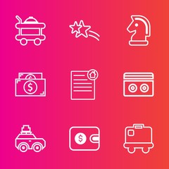 Premium set with outline vector icons. Such as money, purse, estate, house, strategy, airport, car, white, food, luxury, service, hotel, chess, wallet, holiday, document, tape, breakfast, sparkle, bag
