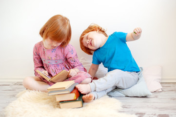 The elder sister reads to the brother of the book