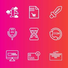 Premium set with outline vector icons. Such as knight, aircraft, money, voice, microphone, help, medieval, transportation, business, travel, music, call, notebook, laptop, bag, karaoke, sand, shopping