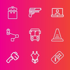 Premium set with outline vector icons. Such as transportation, concept, fashion, woman, internet, up, handgun, game, axe, call, summer, domino, professional, hammer, point, ladder, mobile, white, map