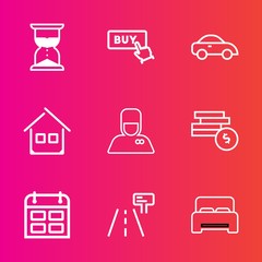 Premium set with outline vector icons. Such as street, vehicle, button, countdown, taxi, minute, time, road, schedule, cash, bellhop, clock, internet, hospitality, furniture, building, bedroom, sign