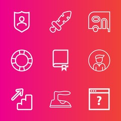 Premium set with outline vector icons. Such as summer, page, housework, pool, guard, sword, internet, iron, upstairs, downstairs, medieval, protect, inflatable, shield, protection, sign, car, steel