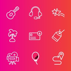 Premium set with outline vector icons. Such as camera, sack, tag, rock, support, audio, palm, tripod, business, headset, concert, call, bag, celebration, label, finance, nature, retro, shiny, white