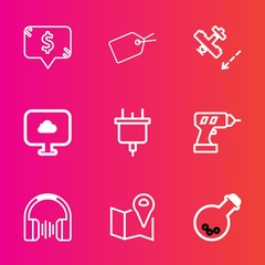 Premium set with outline vector icons. Such as travel, pin, road, web, medicine, tool, plane, template, flight, internet, square, fly, frame, cloud, music, airplane, audio, work, location, label, plug