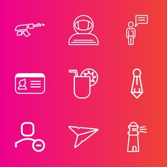 Premium set with outline vector icons. Such as document, account, space, army, spaceman, user, message, cocktail, send, machine, astronaut, spacesuit, person, water, war, chat, cosmos, juice, light