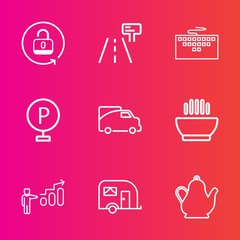 Premium set with outline vector icons. Such as web, food, safe, transportation, success, vehicle, white, van, tea, safety, hot, progress, lot, highway, drink, laptop, personal, protection, padlock, pc