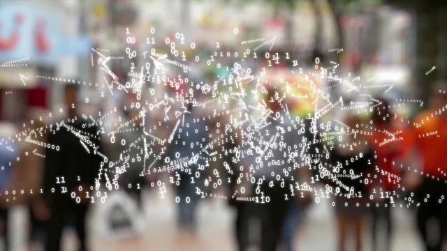 Digital information being collected from people's devices as they are walking.