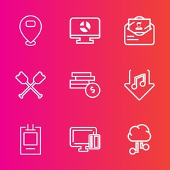 Premium set with outline vector icons. Such as boat, badge, paddle, mail, credit, oar, infographic, cloud, bank, location, network, travel, marker, pointer, graph, banner, canoe, sound, music, map